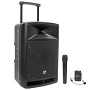Sistema de Sonido portátil Negro 600W con Bluetooth, BoomTone DJ TRAVELSOUND12-VHF. Lector USB, SD y micrófono de Mano y Diadema VHF incluidos. Ideal para DJ, Karaoke, espectáculos callejeros y