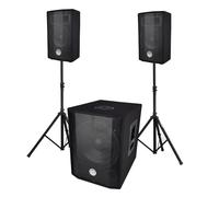 Sistema de sonido trifónico BM Bmsonic BMS 1208, caja de sonido biamplificada 1000 W, USB Bluetooth, 30 cm, satélites 8 pulgadas, 2 x 200 W, cables, pies