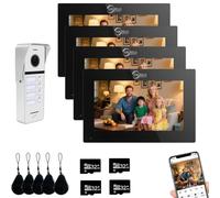 Sistema de Videoportero con Cable para Apartamentos, 4 unidades Familiares, Monitor táctil de 7 pulgadas, Desbloqueo 3 en 1, Detección de movimiento (W+B)