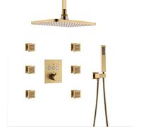 Sistema termostático de grifo de ducha rectangular de 12 x 8 pulgadas, cabezal de ducha rectangular con 6 chorros de cuerpo, juego de ducha dorado cepillado, oro cepillado