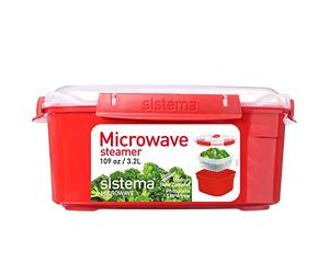 Sistema vaporera para alimentos apta para microondas con cesta vaporera extraíble | Grande: 3,2 l | Rojo/transparente