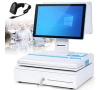 Sistemas POS inteligente todo en uno con pantalla táctil, caja registradora para negocios, impresora térmica integrada de 58 mm, cajón de efectivo, escáner portátil, Windows 10 White-DualScreen