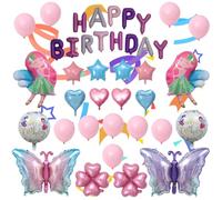 SITAKEGS - Juego de globos de fiesta de hadas, 27 globos Mylar en forma de mariposa degradada coloridos, decoraciones de fiesta redondas, rosas con estrellas de amor, suministros de globos