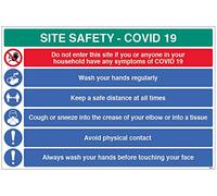 Site Safety COVID19 - Lávate las manos, mantén una distancia segura, utiliza pañuelos, evita el contacto físico, lavar antes de tocar la cara, letrero grande de PVC semirrígido (900 x 600 mm)