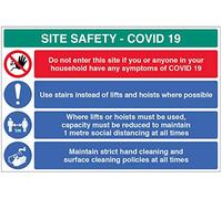 Sitio Safety COVID19 - Utilice escaleras, mantenga 1 m de distancia en ascensores/polipastos, limpiar las manos/superficies - 4 mm estriado 900 x 600 mm