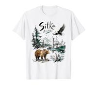 Sitka Alaska Nature Scene Bear Eagle & Fishing Boat Camiseta gráfica económica, Hombre, Blanco, S