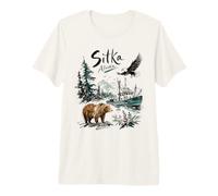 Sitka Alaska Nature Scene Bear Eagle & Fishing Boat Camiseta Premium