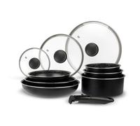 Sitram 713499 Batería de Cocina de Aluminio 10 Piezas: 3 Sartenes Ø20,24,28 cm + 3 Cacerolas Ø16,18,20 cm + 3 Tapas de Vidrio Ø16,20,24 cm + asa extraíble, Todo tipo de fuegos incluida inducción