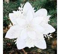 SITUMEIZI 24 flores de Pascua blancas para Navidad, flores artificiales de Pascua con purpurina de 5.5 pulgadas con clips, adornos de Navidad falsos, corona de árbol de Navidad, decoración de Año