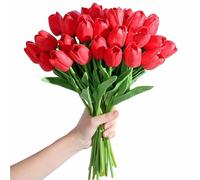 SITUMEIZI Tulipanes falsos, flores artificiales de tacto real, color rojo, 14 pulgadas, 15 unidades, flores de seda para decoración del hogar, ramo de boda, arreglos florales
