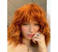 Siudus Peluca corta rizada naranja para mujer con flequillo de longitud de hombro Bob pelucas de fibra sintética de aspecto natural para uso diario de cosplay