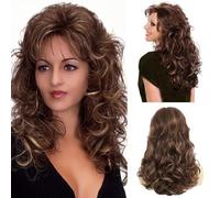 Siudus Pelucas vintage rizadas marrones para mujer, longitud del hombro, capas de los años 70, peluca de pelo de dama parte media, disfraz de cosplay natural de los años 60, peluca diaria