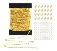 Siumir Cadena de Eslabones Cruzados de 12M x 2mm de Metal con 100 Anillos de Salto y 30 Cierres de Langosta, para DIY Joyas, Collares y Pulseras (Dorado)