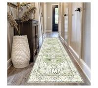 Siunwdiy Alfombra de Pasillo Larga 60x150cm, Alfombra Corredor Cocina Lavable Antideslizante, Estilo Bohemio con Patrón Floral y Geométrico en Verde, Pasillo, Terraza o Sala de Estar