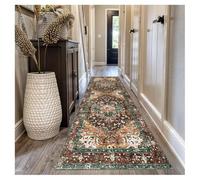 Siunwdiy Alfombra Estrecha de Pasillo Larga 70x100cm Alfombra Corredor Antideslizante Lavable, Estilo Étnico Vintage con Patrón Geométrico en Marrón y Verde, para Cocina, Entrada Salón Recibidor