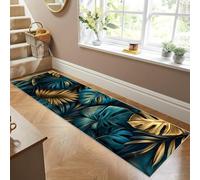 Siunwdiy Alfombras de Pasillo Largas 100 x 260 cm ,Azul/Dorado ,Hojas en 3D ,Alfombra Corredor,Alfombra Pasillo Cocina Lavable Antideslizante,Alfombra Entrada Larga para Sala Pasillo Cocina