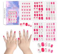 SIUSIO 120pcs 5 Pack Presione en uñas niños acrílico uñas falsas lindo pre-pegamento cubierta completa gradiente color arco iris corto Stick en false Nail Art Kits Set para niños niñas pequeñas