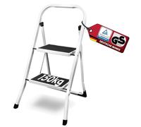 siwitec Escalera plegable con 2 peldaños, de acero, soporta hasta 150 kg, taburete plegable, certificado TÜV/GS, color blanco