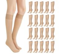 SIWOKJJO 20 pares de calcetines hasta la rodilla para mujer, color piel clara, medias largas transparentes, medias de nailon en color piel hasta la rodilla, medias transparentes de nailon para mujer