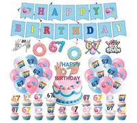 Six Seven 6 7 - Juego de decoración de cumpleaños con guirnalda de feliz cumpleaños, decoración de cupcakes, cintas colgantes, divertida decoración de fiesta de color rojo cerebro italiano para niños