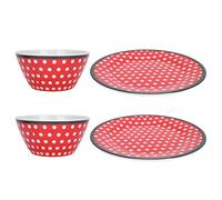 SIXRUN Juego de Platos de Ensalada de Porcelana de Imitación con Puntos Rojos, Vajilla Duradera y Hermosa para Vajilla de Cocina, 2 Tazones y 2 Platos para Frutas Refrigerios, Diámetro de Plato de