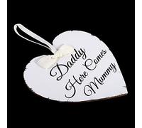 SIXRUN Placa Colgante de Madera con Forma de Corazón de Amor Respetuosa con el Medio Ambiente, Placa Impresa con papá aquí Viene mamá, Regalo Hecho a Mano para Amigos, Decoración de Boda