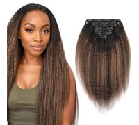 Sixstarhair Extensiones de clip de cabello humano rizado recto con raíces negras que se oscurecen a negro natural con auburn medio rizado recto, doble trama de 120 g, 7 piezas, 45 cm