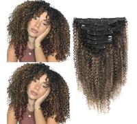 Sixstarhair Kinky Curly Clip Ins Extensiones de Cabello Humano Rizado con Clips 45cm 3C 4A para Mujeres Negras Negro Enraizado Descolorante Negro Natural Con Marrón Chocolate 7 Piezas 120g