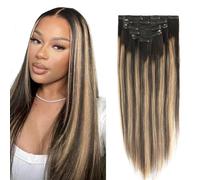 SixStarHair Yaki - Extensiones de pelo recto de 35 cm, 120 g, 7 unidades, extensiones de cabello para mujeres negras enraizadas, color negro natural que se descolora hasta rubio fresa #27