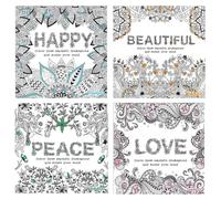 Sixstore Libro para colorear para adultos, juego de 4 libros, diseños de paz, amor, ilustraciones avanzadas hermosas y felices, bloc de dibujo de atención plena y relajante, libro de colores