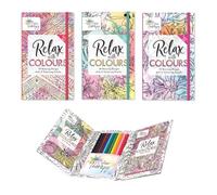 Sixstore Relaxing Antistress, juego de 3 libros para colorear, terapia de color, varios diseños, tamaño de viaje, 18 x 11 cm, juego de colorear de bolsillo, 60 diseños relajantes por juego con 12