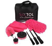 SIXTOL Car Detailing Pink 9 | Juego 9 Piezas Limpieza y Lavado de Coche | Cepillos, Guante, paños Microfibra y cepillos para Taladro | con Bolsa de Transporte
