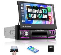 SIXWIN 4GB+64G 1 DIN Android 13 Radio Coche con Carplay&Android Auto&Mirror Link,7 Pulgadas Pantalla táctil Retráctil Manual con WiFi/Navegador GPS/Bluetooth/FM/RDS/2USB/TF/Mandos Volantes