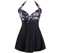 Sixyotie Traje de baño Cuello Una Pieza Monokini con Shorts de Seguridad Mujer Bañador con Falda Tamaño Grande Tankini (Pink Flower, EU 40-42(Tag XL))