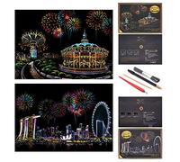 SiYear Boceto Scratch Paper Rainbow Painting, City Series Night Scene, Scratch Painting Creative Gift, Scratchboard Art para Adultos y niños, con 4 Herramientas (Parque de Atracciones + Singapur)