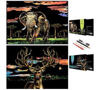 SiYear Papel de Arte de Pintura para rascar, Tablero de rascar de la Serie Animal para niños y Adultos, Kits de Manualidades y Regalos con 4 Herramientas, tamaño: 16 x 11 Pulgadas (Elefante y Ciervo)