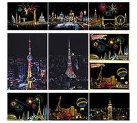 SiYear Papel para rascar Pintura arcoíris Boceto, Serie Ciudad Escena Nocturna, Pintura para rascar Regalo Creativo, Tablero para rascar para Adultos y niños con 4 Herramientas
