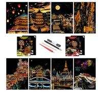 SiYear Papel para rascar Pintura arcoíris Boceto, Serie Ciudad Escena Nocturna, Regalo Creativo de Pintura para rascar, Tablero para rascar para Adultos y niños con 4 Herramientas