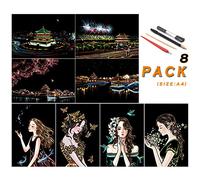 SiYear Rainbow Scratch Painting Paper, City Series Night Scene, Scratch Painting Creative Gift, Scratchboard for Adult and Kids, with 4 Tools, Size: 11.7''x8.3 '' （8pack）