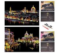 SiYear Scratch Painting Rainbow Paper Sketch Pads, City Series Night View DIY Art Craft Creative Gift, Scratchboard para Adultos y niños, con 4 Herramientas (16 X 11.2 Pulgadas)