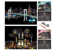 SiYear Scratch Painting Rainbow Paper Sketch Pads, City Series Night View DIY Art Craft Creative Gift, Scratchboard para Adultos y niños, con 4 Herramientas (16 X 11.2 Pulgadas)