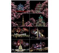 SiYear Scratch Paper Rainbow Painting Sketch, City Series Night Scene, Scratch Painting Creative Gift, Scratchboard para Adultos y niños con 4 Herramientas （8PACK）