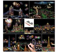 SiYear Scratch Paper Rainbow Painting Sketch, City Series Night Scene, Scratch Painting Regalo Creativo, Scratchboard para Adultos y niños con 4 Herramientas