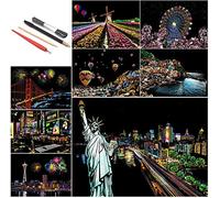 SiYear Scratch Paper Rainbow Painting Sketch, City Series Night Scene, Scratch Painting Regalo Creativo, Scratchboard para Adultos y niños con 4 Herramientas