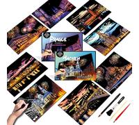 SiYear - Set de papel para pintar con rasguños para adultos, serie de edificios emblemáticos, escena nocturna de la ciudad, regalo creativo para rascar, grabado en lámina de bricolaje con 4