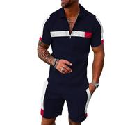 Size L Navy White Stripe Red Block Mens Short Sets 2 Piece Outfits Polo Shirt Fashion Summer Tracksuits Casual Set Short Sleeve and Shorts Set for Men