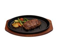 Sizzling Platter Cast Iron Grill Plate With Wooden Base | 10 Inch Oval BBQ Cast Iron Serving Platter With Wooden Base, Heavy Duty Skillet For BBQ Camping, Teppanyaki Hot Griddle Plate For Cooking