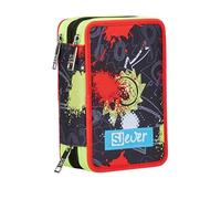SJ Ever - Estuche escolar con 3 cremalleras, rojo, PlayJam Boy, portalápices triple compartimento con bolígrafos, lápices, colores, accesorios para mochila, elementales, medianos, niño, rojo, Talla