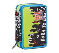 SJ Gang Estuche escolar con 3 cremalleras, verde, Born To Fun, portalápices triple compartimento completo con bolígrafos, lápices, colores, accesorios mochila, elementales, medianos, niño,