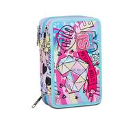 SJ Gang Estuche escolar con 3 cremalleras, azul, ColorJam, portalápices triple compartimento completo con bolígrafos, lápices, colores, accesorios mochila, elementales, medianos, niña, azul claro,